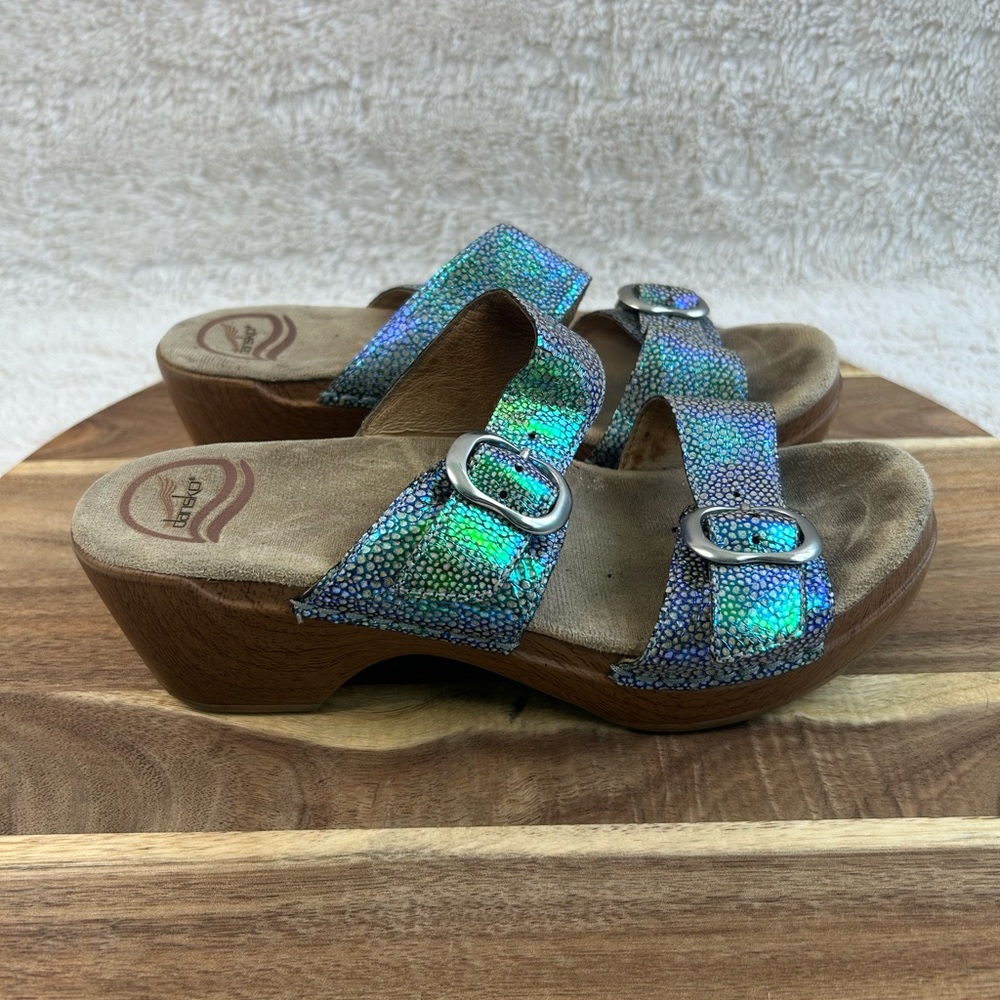 Dansko Women’s Sophie Blue Iridescent Double Strap Clog Sandal Leather Size 37